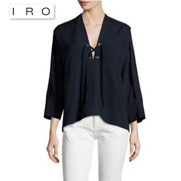 IRO Alis Lace Up Tie Front V-Neck Blouse Top 38 / 6 Navy Boxy Flowy Minimalist - Picture 2 of 16